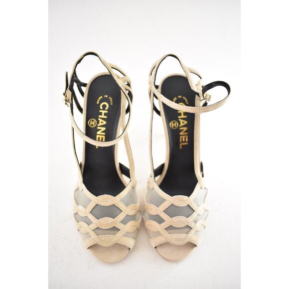 Chanel 18C Beige Suede Mesh CC Logo Strappy Ankle Strap Sandals Heel Pump 37 - Picture 7 of 12